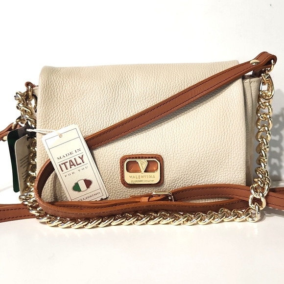Valentina Handbags - NWT Valentina Italian Pebbled Leather Flap Crossbody Shoulder Bag with Chain
